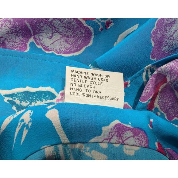Vintage 90s Blouse Turquoise Blue Hawaiian Floral Top Shirt Misses Size S - Picture 5 of 5